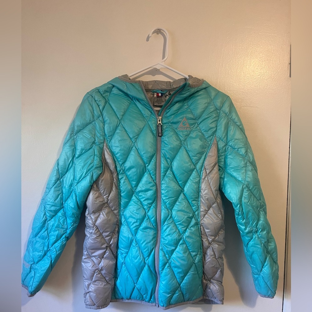 Gerry Women’s Teal and Gray Trimmed Quilted Hooded Puffer Jacket Size Large